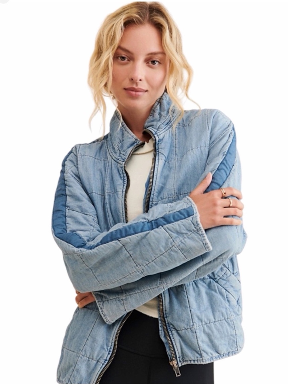 Free People Oversized Dolman Medium Wash Quilted Denim Jacket